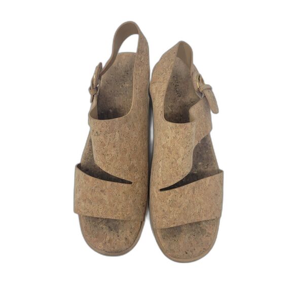 VINCE. Natural Beige Cork Asymmetrical Shelby Round Toe Wedge Buckle Sandal - Picture 6 of 7